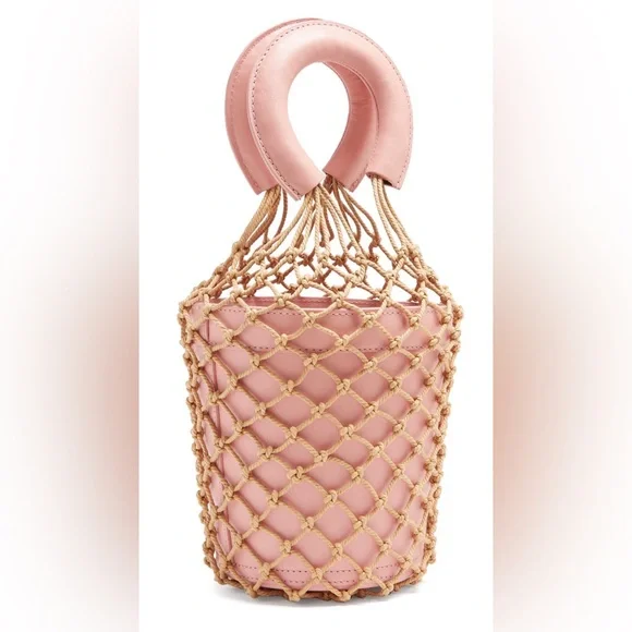 Staud Moreau Macrame and Leather Bucket Bag Pink